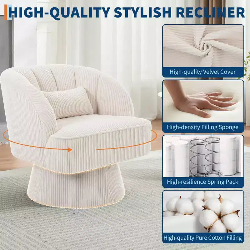 Poltrona moderna girevole a 360° con rivestimento in velluto e schienale a righe, design elegante per soggiorno e camera da letto