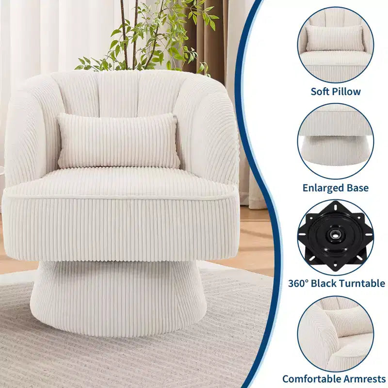 Poltrona moderna girevole a 360° con rivestimento in velluto e schienale a righe, design elegante per soggiorno e camera da letto