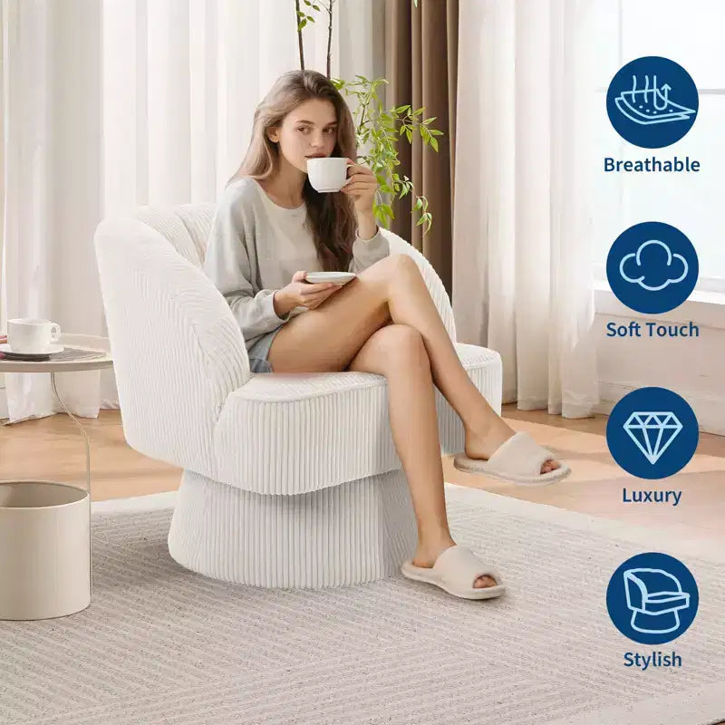 Poltrona moderna girevole a 360° con rivestimento in velluto e schienale a righe, design elegante per soggiorno e camera da letto