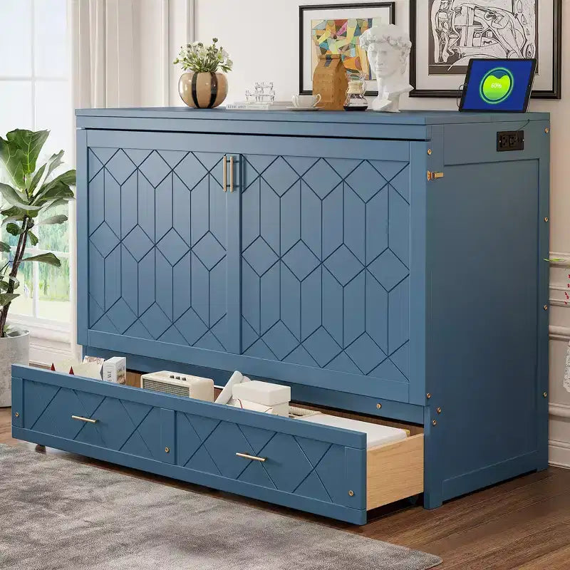 Letto a scomparsa Queen Size, Letto a mobile pieghevole con cassetto e stazione di ricarica per camera da letto, soggiorno - ModernLuxe