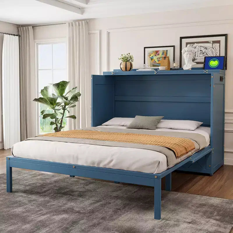 Letto a scomparsa Queen Size, Letto a mobile pieghevole con cassetto e stazione di ricarica per camera da letto, soggiorno - ModernLuxe
