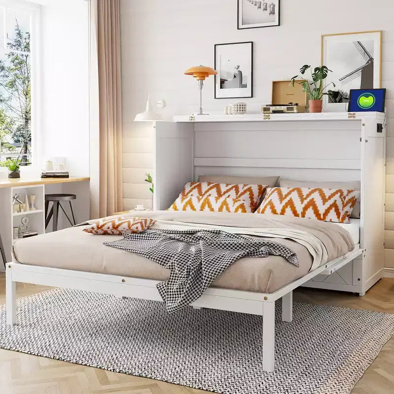 Letto a scomparsa Queen Size, Letto a mobile pieghevole con cassetto e stazione di ricarica per camera da letto, soggiorno - ModernLuxe