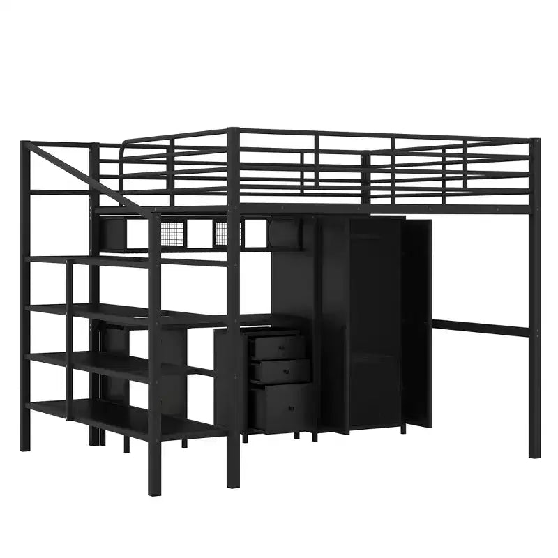 Bellemave Letto a soppalco in metallo con scrivania, armadio e scaletta contenitore, telaio letto moderno salvaspazio con ringhiere e doghe, senza bisogno di rete, nero