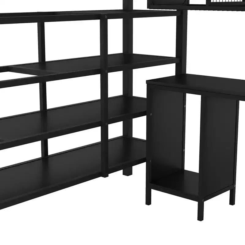 Bellemave Letto a soppalco in metallo con scrivania, armadio e scaletta contenitore, telaio letto moderno salvaspazio con ringhiere e doghe, senza bisogno di rete, nero