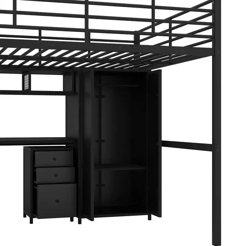 Bellemave Letto a soppalco in metallo con scrivania, armadio e scaletta contenitore, telaio letto moderno salvaspazio con ringhiere e doghe, senza bisogno di rete, nero