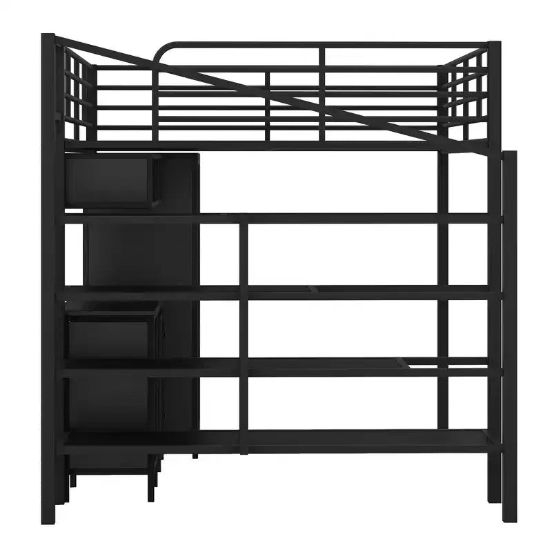 Bellemave Letto a soppalco in metallo con scrivania, armadio e scaletta contenitore, telaio letto moderno salvaspazio con ringhiere e doghe, senza bisogno di rete, nero