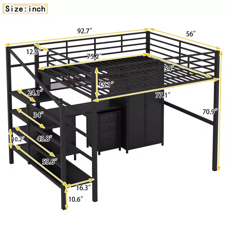 Bellemave Letto a soppalco in metallo con scrivania, armadio e scaletta contenitore, telaio letto moderno salvaspazio con ringhiere e doghe, senza bisogno di rete, nero