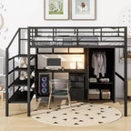 Bellemave Letto a soppalco in metallo con scrivania, armadio e scaletta contenitore, telaio letto moderno salvaspazio con ringhiere e doghe, senza bisogno di rete, nero