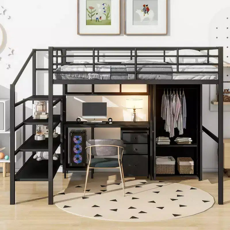 Bellemave Letto a soppalco in metallo con scrivania, armadio e scaletta contenitore, telaio letto moderno salvaspazio con ringhiere e doghe, senza bisogno di rete, nero