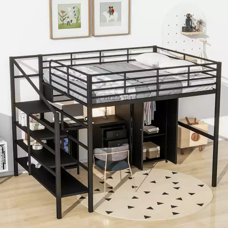 Bellemave Letto a soppalco in metallo con scrivania, armadio e scaletta contenitore, telaio letto moderno salvaspazio con ringhiere e doghe, senza bisogno di rete, nero