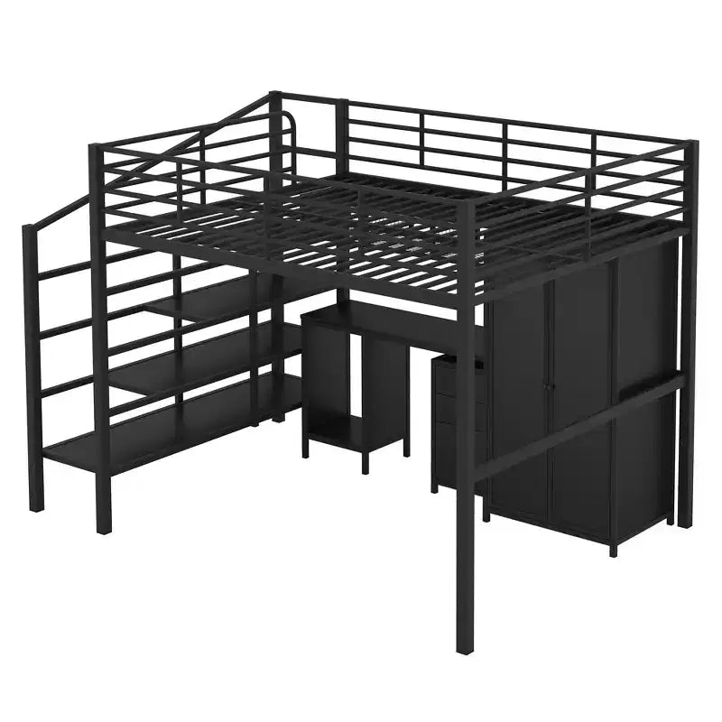 Bellemave Letto a soppalco in metallo con scrivania, armadio e scaletta contenitore, telaio letto moderno salvaspazio con ringhiere e doghe, senza bisogno di rete, nero