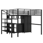 Bellemave Letto a soppalco in metallo con scrivania, armadio e scaletta contenitore, telaio letto moderno salvaspazio con ringhiere e doghe, senza bisogno di rete, nero