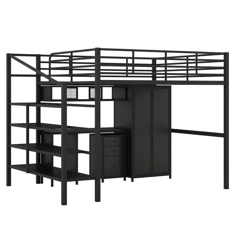 Bellemave Letto a soppalco in metallo con scrivania, armadio e scaletta contenitore, telaio letto moderno salvaspazio con ringhiere e doghe, senza bisogno di rete, nero