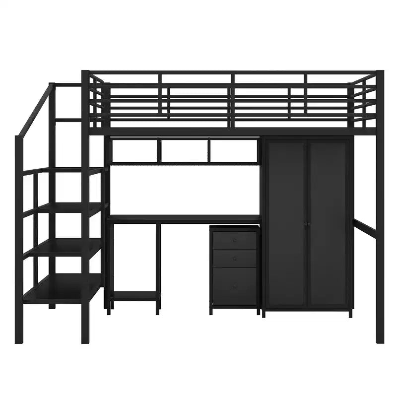 Bellemave Letto a soppalco in metallo con scrivania, armadio e scaletta contenitore, telaio letto moderno salvaspazio con ringhiere e doghe, senza bisogno di rete, nero