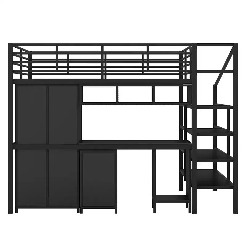 Bellemave Letto a soppalco in metallo con scrivania, armadio e scaletta contenitore, telaio letto moderno salvaspazio con ringhiere e doghe, senza bisogno di rete, nero