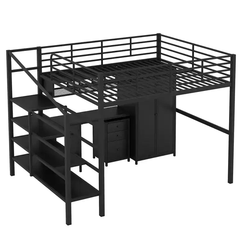 Bellemave Letto a soppalco in metallo con scrivania, armadio e scaletta contenitore, telaio letto moderno salvaspazio con ringhiere e doghe, senza bisogno di rete, nero