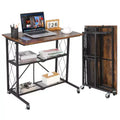 Foldable Rolling Desk 31.5 Inch with Wheels, No Assembly 3 Tier Metal Wire Shelf Cart, Portable Computer Table with Lockable Casters for Kitchen Livi