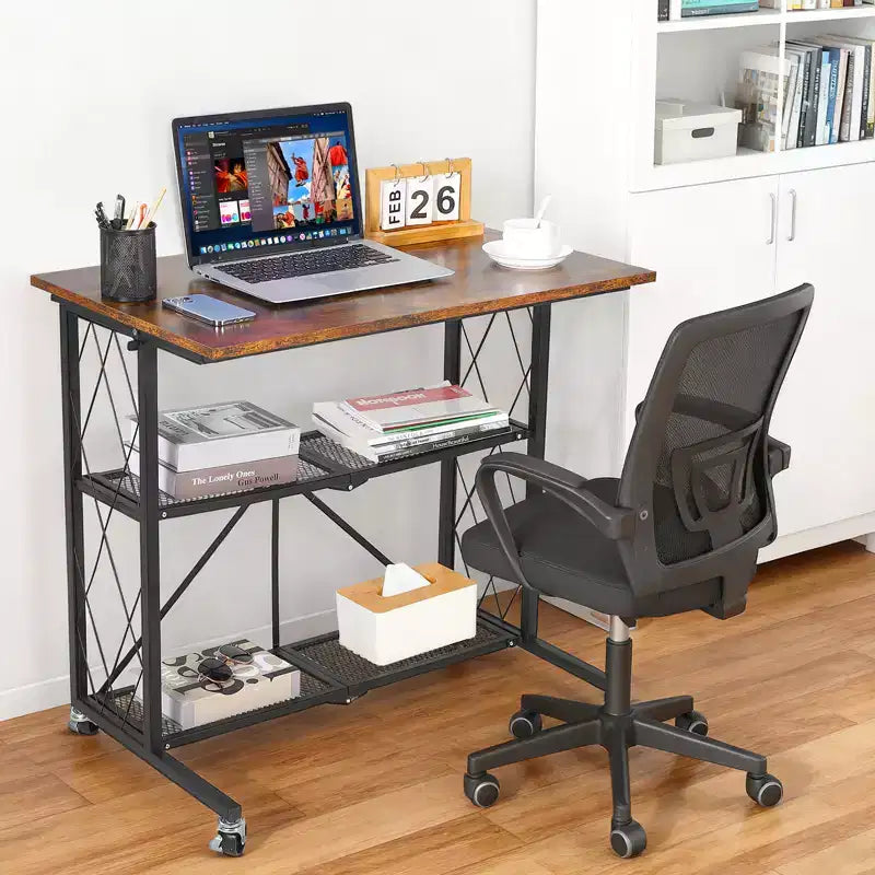 Scrivania Pieghevole con Rotelle da 80 cm, Nessun Montaggio, Carrello a 3 Ripiani in Filo Metallico, Tavolino Portatile con Ruote Bloccabili per Cucina Soggiorn