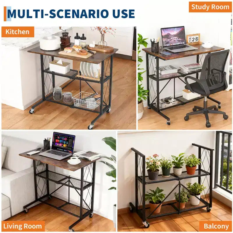 Scrivania Pieghevole con Rotelle da 80 cm, Nessun Montaggio, Carrello a 3 Ripiani in Filo Metallico, Tavolino Portatile con Ruote Bloccabili per Cucina Soggiorn
