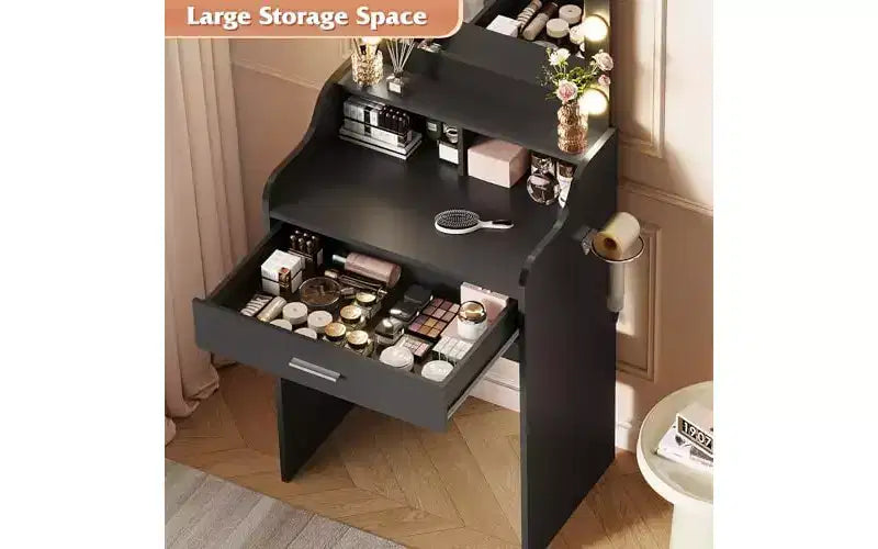 DEXYLLO Piccola Toeletta con Specchio e Luci, Toeletta Trucco con Cassetto Contenitore, Tavolo da Trucco Compatto con 3 Modalità di Illuminazione a Colori, Nero