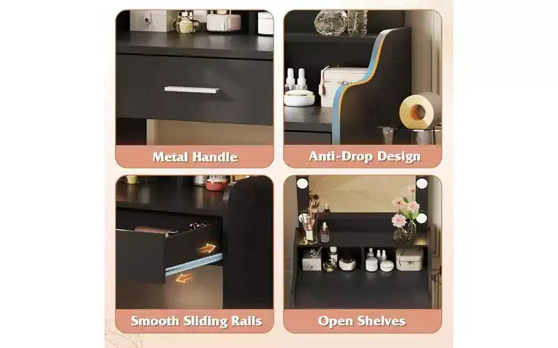 DEXYLLO Piccola Toeletta con Specchio e Luci, Toeletta Trucco con Cassetto Contenitore, Tavolo da Trucco Compatto con 3 Modalità di Illuminazione a Colori, Nero