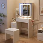 Set Toeletta Illuminato a LED con Sgabello, Specchio Scorrevole, 4 Cassetti, Ripiani Aperti e Stazione di Ricarica