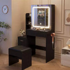 Set Toeletta Illuminato a LED con Sgabello, Specchio Scorrevole, 4 Cassetti, Ripiani Aperti e Stazione di Ricarica