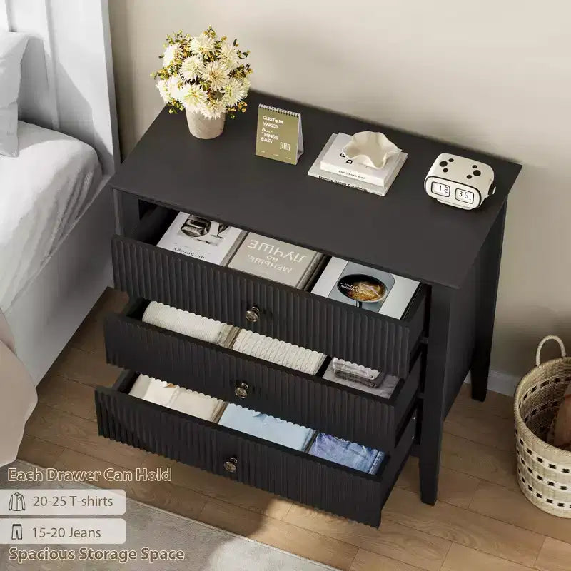 Cassettiera a 3 cassetti set da 2, cassettiera in legno scanalato con maniglie dorate, armadietto contenitore largo con gambe in metallo per camera da letto, soggiorno, corridoio, ingresso
