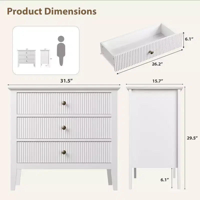 Cassettiera a 3 cassetti set da 2, cassettiera in legno scanalato con maniglie dorate, armadietto contenitore largo con gambe in metallo per camera da letto, soggiorno, corridoio, ingresso
