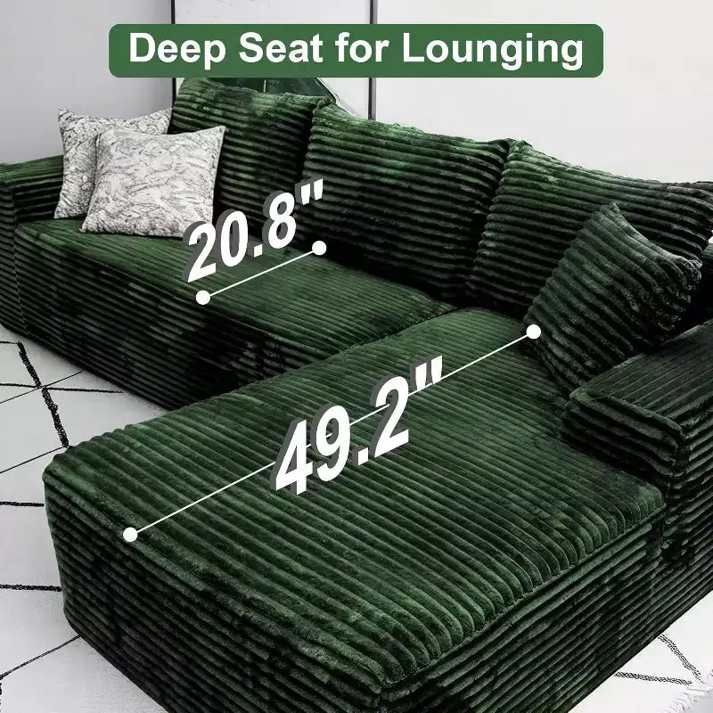MooxvMoo Divani componibili 107.5, Divano compresso a forma di L con seduta profonda, cuscino decorativo, chaise longue per soggiorno, Verde