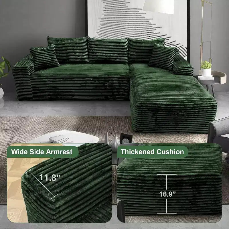 MooxvMoo Divani componibili 107.5, Divano compresso a forma di L con seduta profonda, cuscino decorativo, chaise longue per soggiorno, Verde