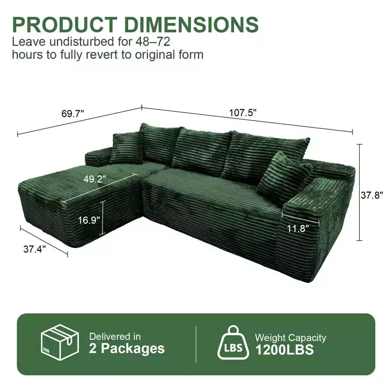 MooxvMoo Divano Componibile Modulare 107.5, Divano Senza Struttura a L con Seduta Profonda, Cuscino Decorativo, Chaise Longue Sinistra per Soggiorno, Verde