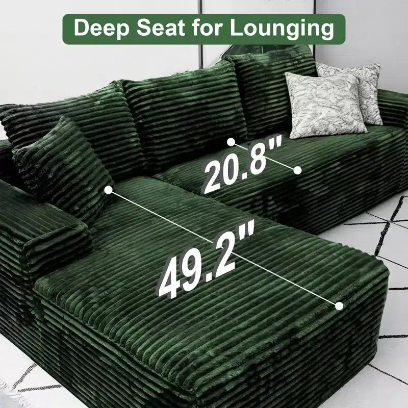 MooxvMoo Divano Componibile Modulare 107.5, Divano Senza Struttura a L con Seduta Profonda, Cuscino Decorativo, Chaise Longue Sinistra per Soggiorno, Verde