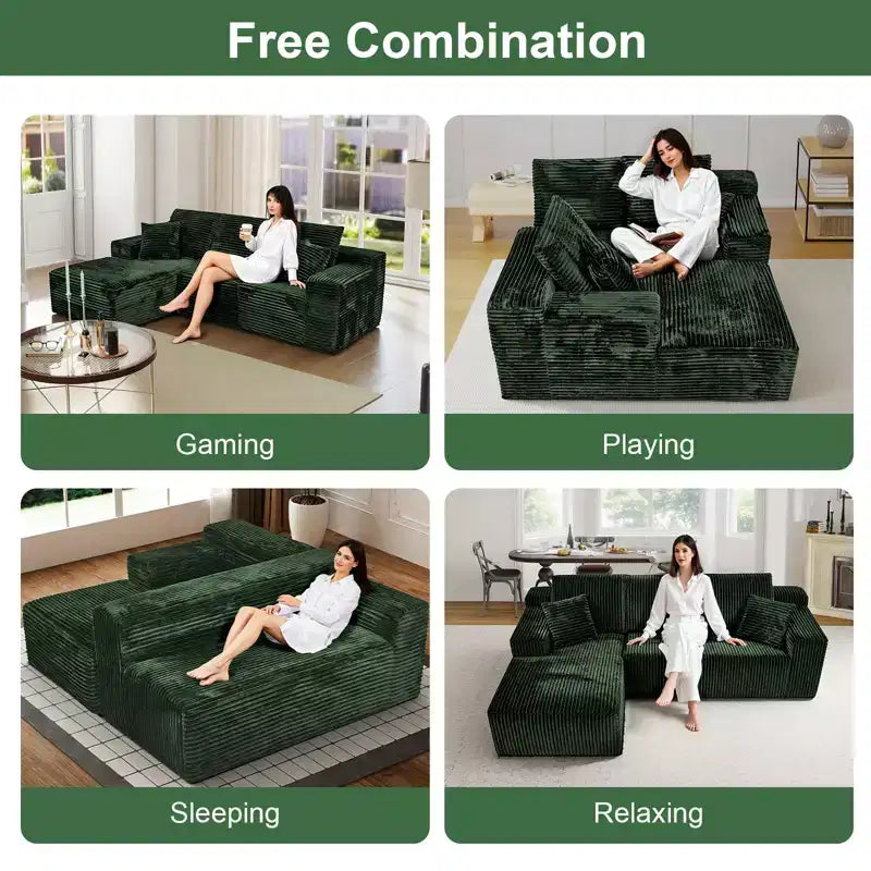 MooxvMoo Divano Componibile Modulare 107.5, Divano Senza Struttura a L con Seduta Profonda, Cuscino Decorativo, Chaise Longue Sinistra per Soggiorno, Verde