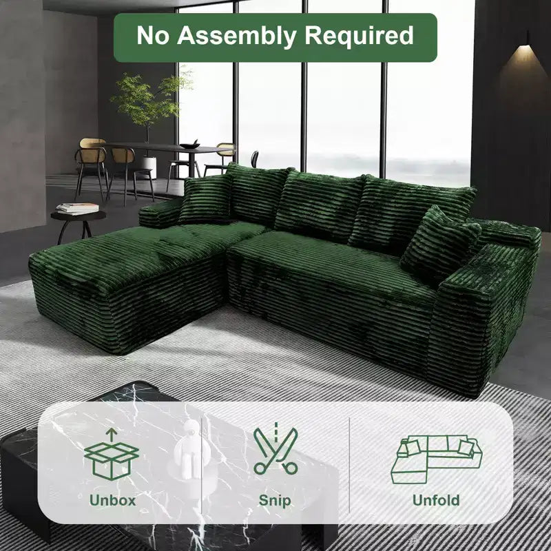 MooxvMoo Divano Componibile Modulare 107.5, Divano Senza Struttura a L con Seduta Profonda, Cuscino Decorativo, Chaise Longue Sinistra per Soggiorno, Verde
