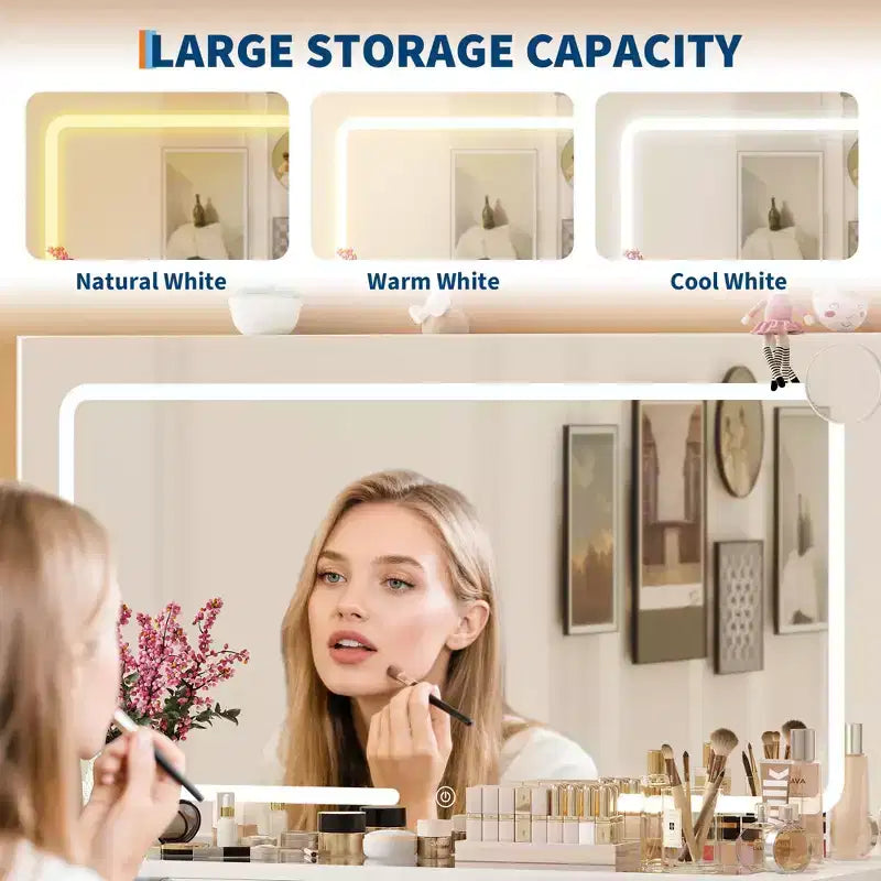 Mobile toeletta per trucco con specchio a LED, presa elettrica e 10 cassetti, set tavolo da toeletta con sgabello 3 modalità di illuminazione per camera da letto