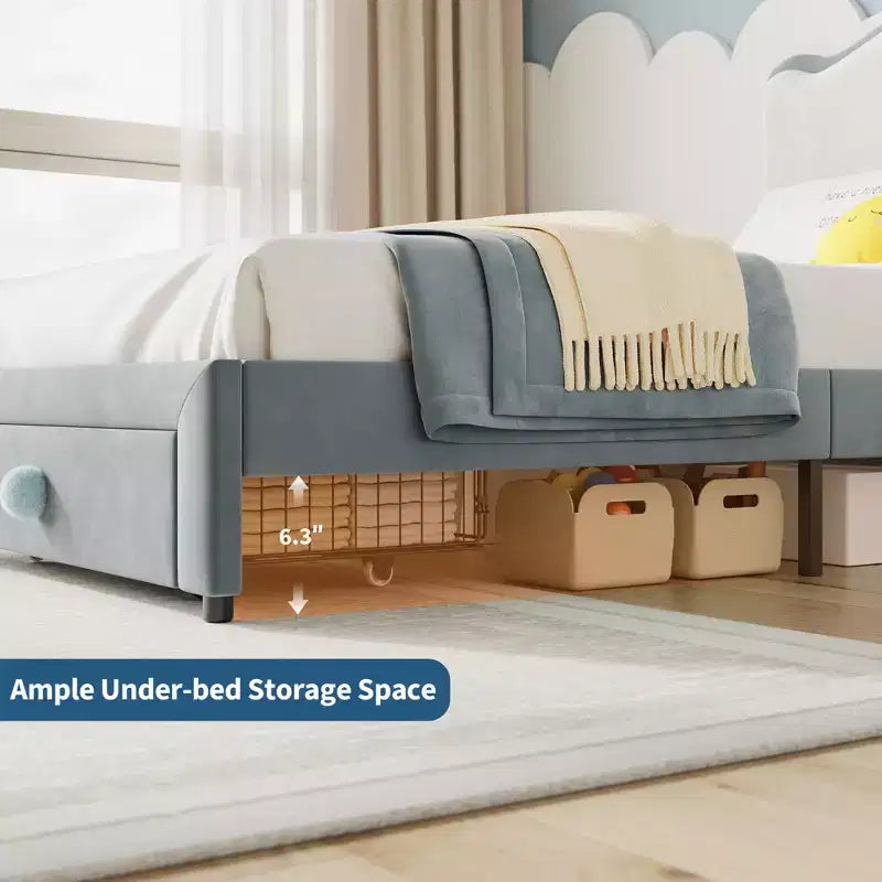 Letto per bambini stile principessa - Struttura letto matrimoniale imbottita con testiera a conchiglia e cassetto portaoggetti - Robuste doghe in legno, silenzioso, facile da montare