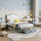 Letto per bambini stile principessa - Struttura letto matrimoniale imbottita con testiera a conchiglia e cassetto portaoggetti - Robuste doghe in legno, silenzioso, facile da montare