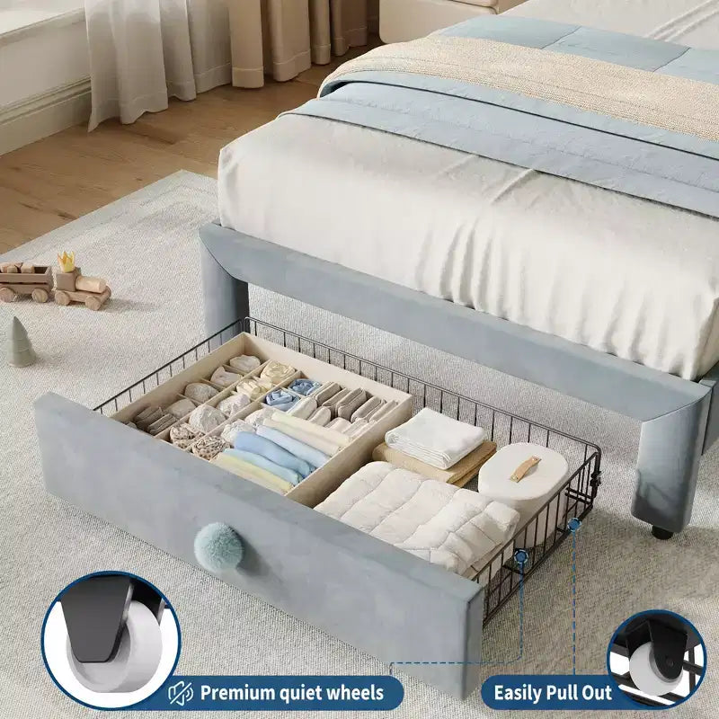 Letto per bambini stile principessa - Struttura letto matrimoniale imbottita con testiera a conchiglia e cassetto portaoggetti - Robuste doghe in legno, silenzioso, facile da montare