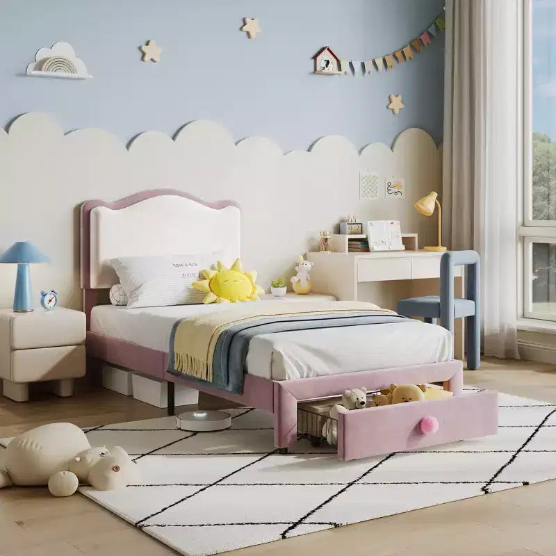 Letto per bambini stile principessa - Struttura letto matrimoniale imbottita con testiera a conchiglia e cassetto portaoggetti - Robuste doghe in legno, silenzioso, facile da montare
