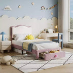 Letto per bambini stile principessa - Struttura letto matrimoniale imbottita con testiera a conchiglia e cassetto portaoggetti - Robuste doghe in legno, silenzioso, facile da montare