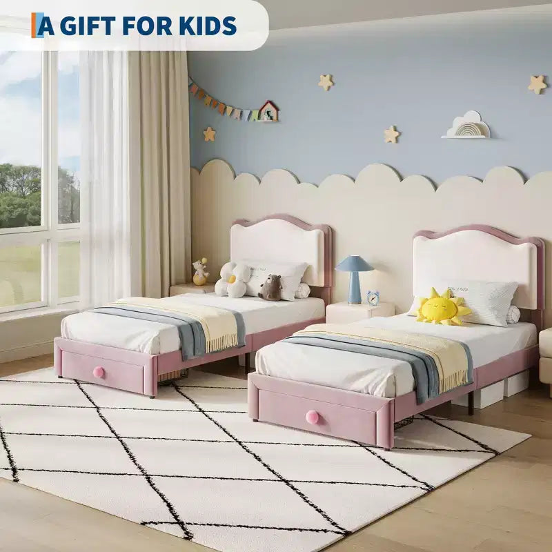 Letto per bambini stile principessa - Struttura letto matrimoniale imbottita con testiera a conchiglia e cassetto portaoggetti - Robuste doghe in legno, silenzioso, facile da montare