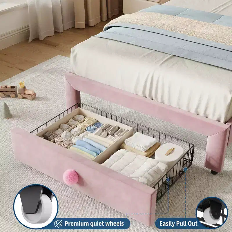 Letto per bambini stile principessa - Struttura letto matrimoniale imbottita con testiera a conchiglia e cassetto portaoggetti - Robuste doghe in legno, silenzioso, facile da montare