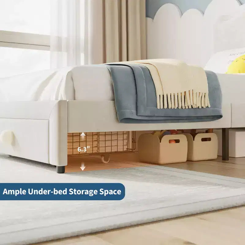 Letto per bambini stile principessa - Struttura letto matrimoniale imbottita con testiera a conchiglia e cassetto portaoggetti - Robuste doghe in legno, silenzioso, facile da montare