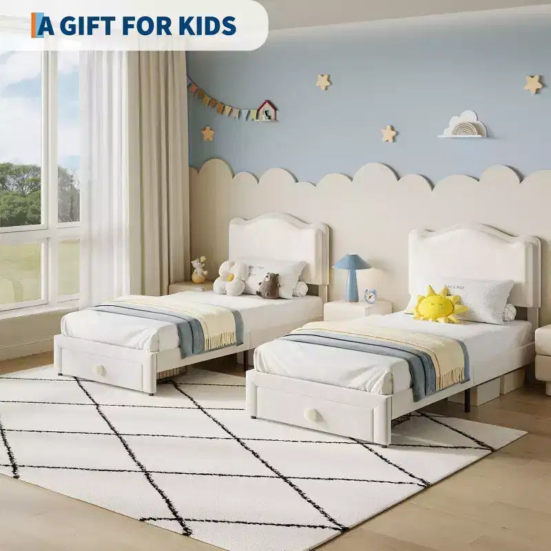 Letto per bambini stile principessa - Struttura letto matrimoniale imbottita con testiera a conchiglia e cassetto portaoggetti - Robuste doghe in legno, silenzioso, facile da montare