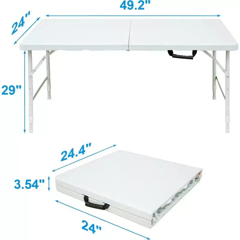 Tavolo Pieghevole Resistente da 120 cm con Altezza Regolabile, Tavolo Utilitario Portatile in Plastica e Acciaio Richiudibile a Metà per Campeggio, Sala da Pranzo e Uso Esterno