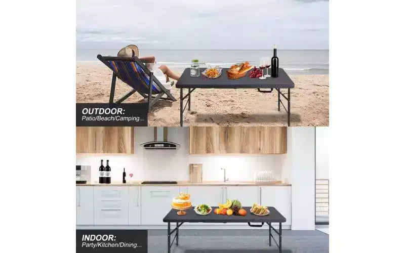 Tavolo Pieghevole Resistente da 120 cm con Altezza Regolabile, Tavolo Utilitario Portatile in Plastica e Acciaio Richiudibile a Metà per Campeggio, Sala da Pranzo e Uso Esterno