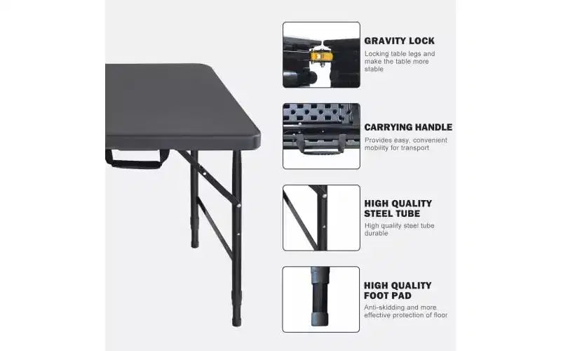 Tavolo Pieghevole Resistente da 120 cm con Altezza Regolabile, Tavolo Utilitario Portatile in Plastica e Acciaio Richiudibile a Metà per Campeggio, Sala da Pranzo e Uso Esterno