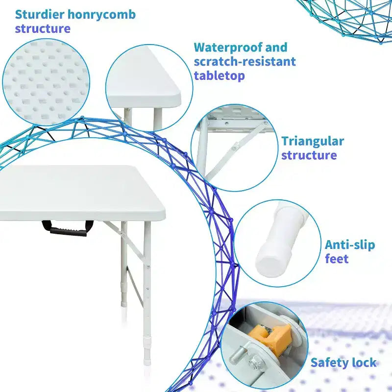Tavolo Pieghevole Resistente da 120 cm con Altezza Regolabile, Tavolo Utilitario Portatile in Plastica e Acciaio Richiudibile a Metà per Campeggio, Sala da Pranzo e Uso Esterno