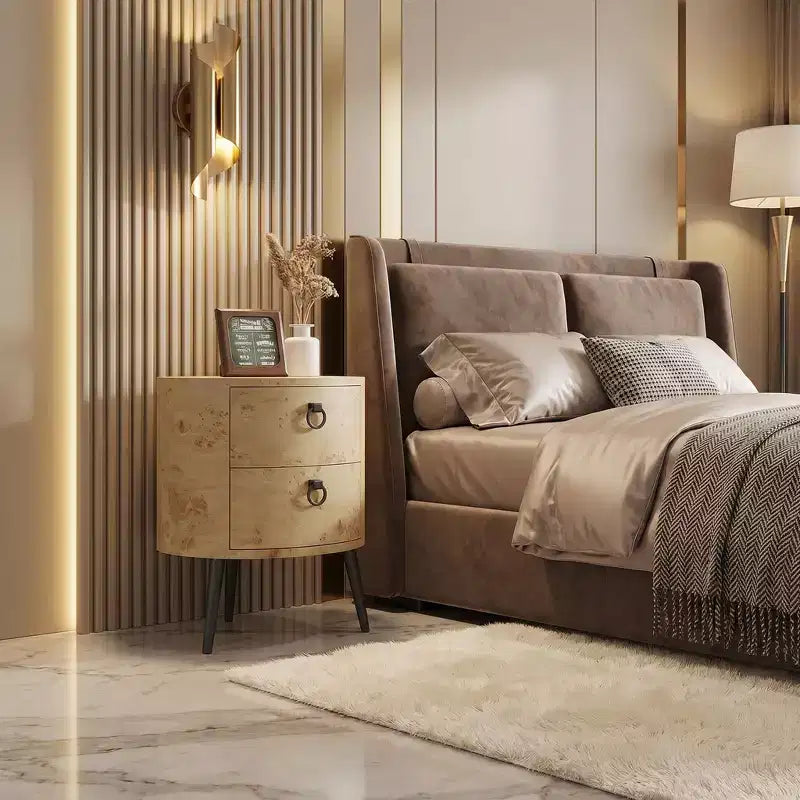 Tavolino rotondo moderno con 2 cassetti, tavolino laterale d'appoggio in legno con gambe in metallo, per camera da letto, soggiorno, appartamento